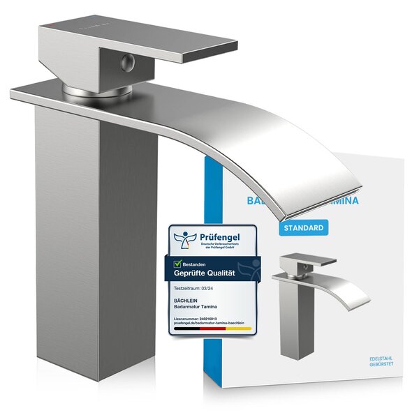 Miscelatore per bagno Tamina - acciaio inox spazzolato | Miscelatore per bagno a cascata dal design classico - rubinetto per lavabo da appoggio