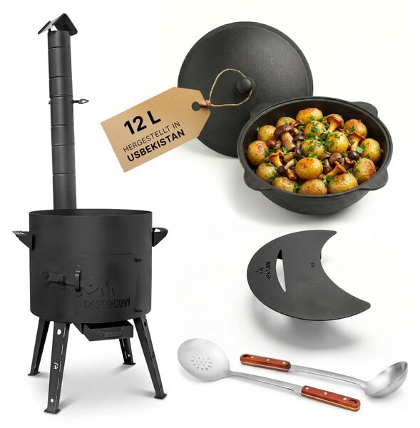 Focolare da esterno da 40 cm, acciaio 2 mm, con set di pentole in ghisa da 12 litri per plov e gulasch. Include coperchio, accessori, tavolo di appoggio. Qualità uzbeka. Ideale per cucinare all'aperto