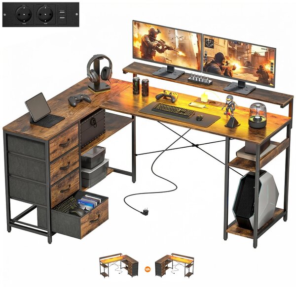Tavolo da gioco HOMCOM a forma di L, con presa di corrente e illuminazione a LED