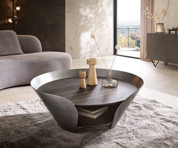 DELIFE Tavolino Skafi, 100x40 cm, piano in laminato ceramico Noir Desir, struttura in metallo color bronzo e dettagli argentati