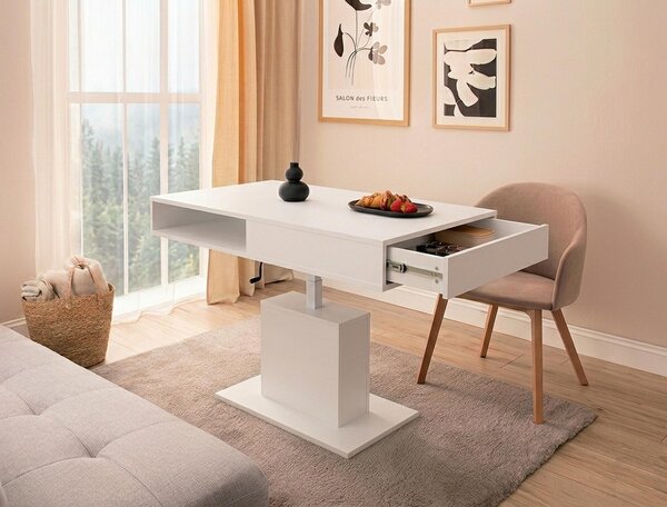 Tavolino da caffè design WM-3, con regolazione continua dell'altezza. Tavolo da pranzo con cassetto e ripiano
