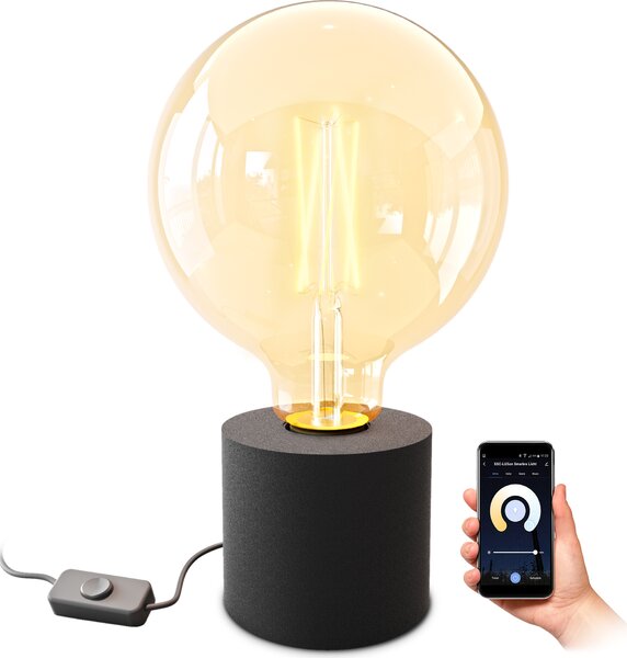 SSC-LUXon NAMBI lampada da tavolo vintage nera incl. lampadina Smart WiFi E27 LED a globo - Lampada da tavolo con cavo e interruttore Controllo tramite app e voce