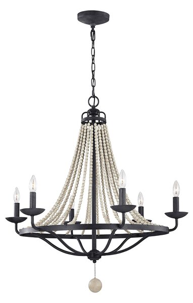 Lampadario Classico Nori Acciaio Zinco Scuro Anticato Legno Grigio 6 Luci E14