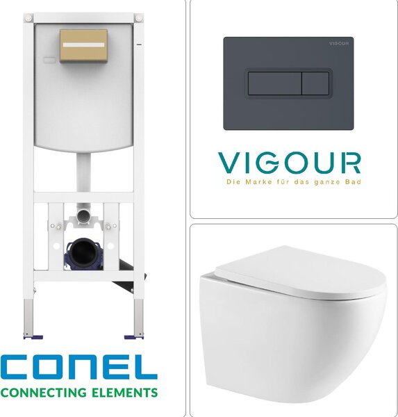 WC sospeso con scarico Tornado, sedile WC SoftClose ed elemento a parete CONEL con placca di comando VIGOUR TEES, antracite opaco