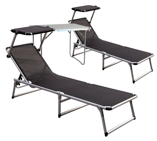 2 poltrone da giardino in alluminio nere con tettoia, dimensioni L188 x P57 cm, più tavolino