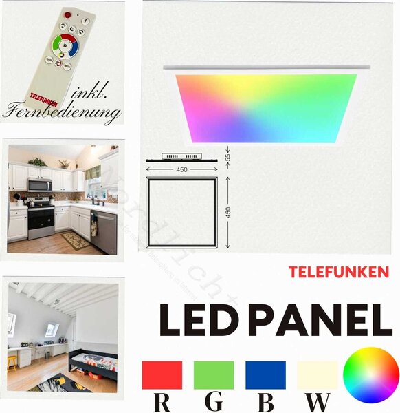 Telefunken 24W RGB LED pannello lampada da soffitto con telecomando, dimmerabile, angolare, bianco