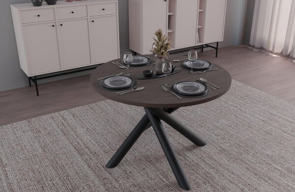 Tavolo rotondo Oslo, design moderno, diametro 110 cm, ideale per soggiorno o sala da pranzo. Disponibile nelle seguenti finiture: Wisconsin (noce), Artisan (rovere), Lindberg (rovere), Portland (frassino nero)