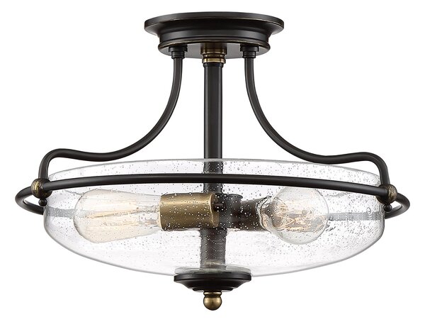 Lampada a Soffitto 2 Luci Kalf In Acciaio Nero A Bracci E Sfere In Vetro Opalino E Oro
