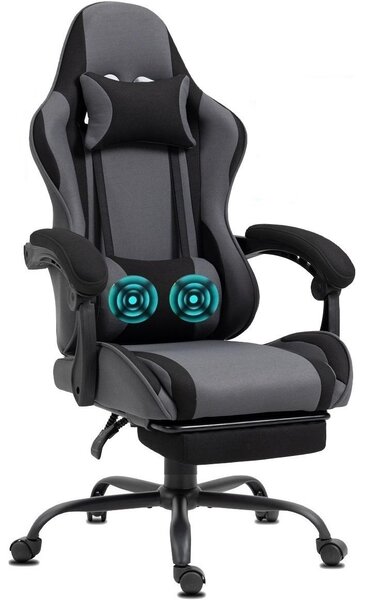 Delman Sedia da ufficio in tessuto Poltrona da gioco Poltrona da gioco ergonomica con poggiapiedi Poggiatesta Massaggio Cuscino lombare Sedia da gioco Sedia girevole 02-0040 Grigio