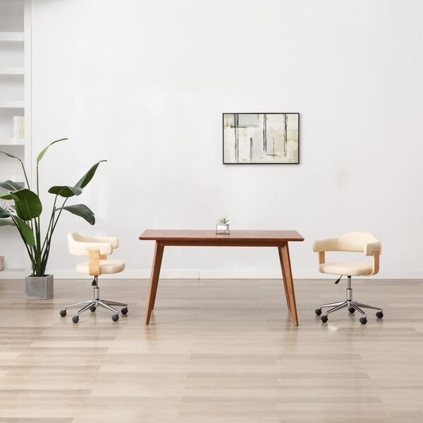 The Living Store Sedia da ufficio girevole in legno curvato e Pelle finta color crema