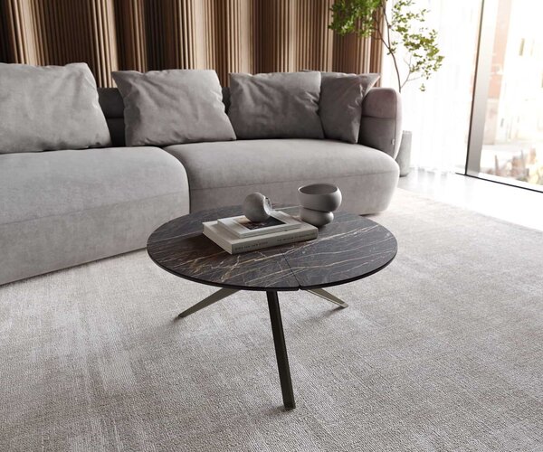 Tavolino Delife Delron, 70x70 cm, piano in laminato ceramico Noir Desir marrone, struttura a croce in metallo effetto titanio