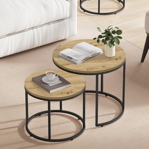 Set da 2 tavolini da caffè rotondi, tavolini laterali in stile industriale, design 2 in 1, superficie resistente ai graffi, aspetto artigianale per il soggiorno, con gambe nere