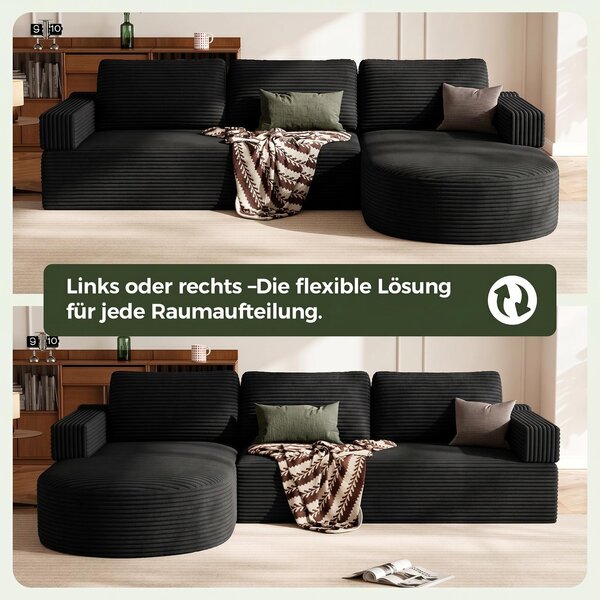 Divano angolare Cord, 265 cm, divano letto a forma di L con chaise longue arrotondata, orientabile a sinistra o a destra a scelta, colore nero