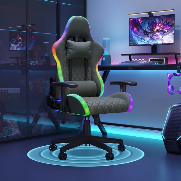 Sedia da gioco UnboxG con illuminazione LED RGB, braccioli 2D, schienale regolabile 90-135°, sedia da ufficio con cuscino per il collo