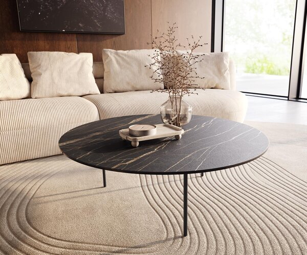 DELIFE Tavolino Edge rotondo 100x100 cm Vetroceramica Laminam® Noir Desir Marrone Trive Metallo Nero