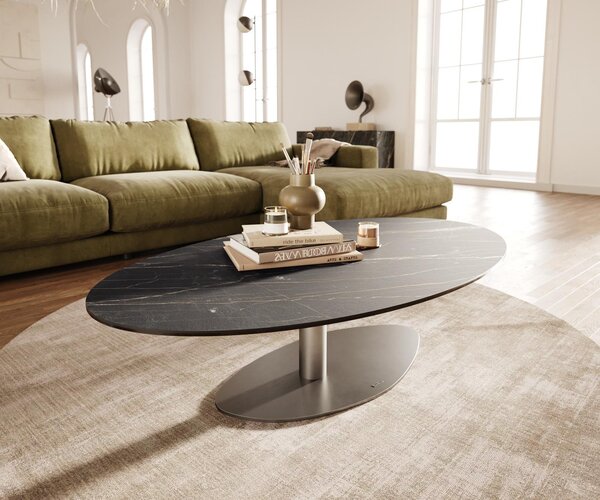 DELIFE Tavolino da divano Edge ovale, 140x80 cm, piano in laminato Keramik Noir Desir, struttura in acciaio inossidabile spazzolato color bronzo