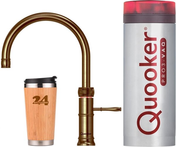 QUOOKER CLASSIC FUSION Round VAQ PRO3 ottone patinato e rubinetto 100°C (3CFRPTN) Miscelatore per lavello con funzione acqua bollente 100°C Incl. tazza termica