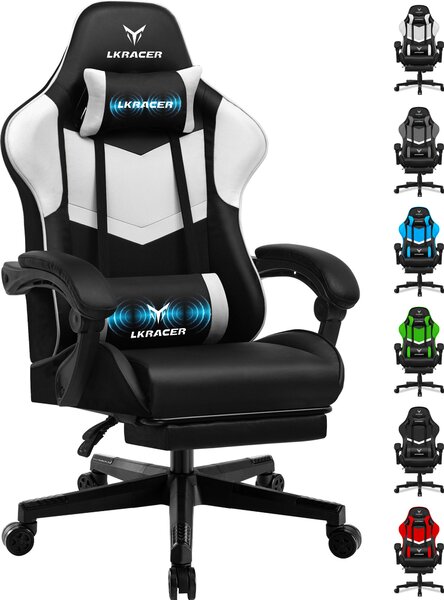 LUCKRACER sedia da gioco sedia da ufficio ergonomica con cuscino lombare cuscino poggiatesta, sedia da gioco regolabile in altezza capacità di carico 150 kg, poggiapiedi bianco