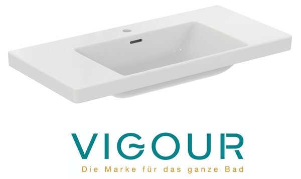 Lavabo da bagno VIGOUR DERBY V3 100x48 cm con ripiani laterali, foro per rubinetto e troppopieno PflegetectPlus, bianco