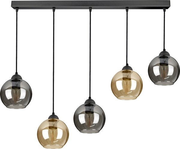 Lampada a sospensione con 5 paralumi in vetro nei colori nero, trasparente, miele e oro, 5x E27