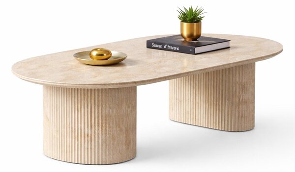 Tavolino da salotto HOOZ® ovale – con piano in Vetroceramica effetto travertino – base a colonna con design semicircolare e circolare – tavolino da divano 130x70 cm – facile da pulire e robusto