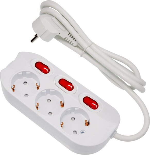 Feletec Ciabatta elettrica a 3 prese commutabile singolarmente Cavo da 1,5 m Colore: bianco, adatta al montaggio a parete, 230V 16A 3500W