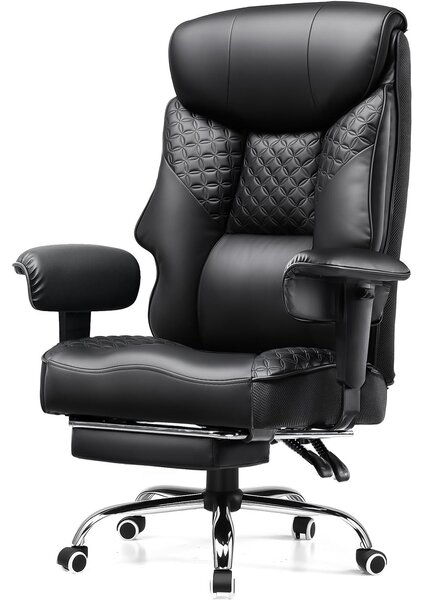 COMHOMA sedia da gioco per persone alte e pesanti, sedia da ufficio ergonomica fino a 180 kg, cuscino di seduta 3D, regolabile con poggiapiedi, Finto cuoio, nero