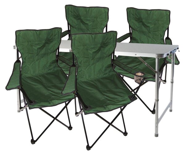 Set da campeggio composto da 5 elementi: tavolo verde con altezza regolabile, sedie, borsa per il trasporto