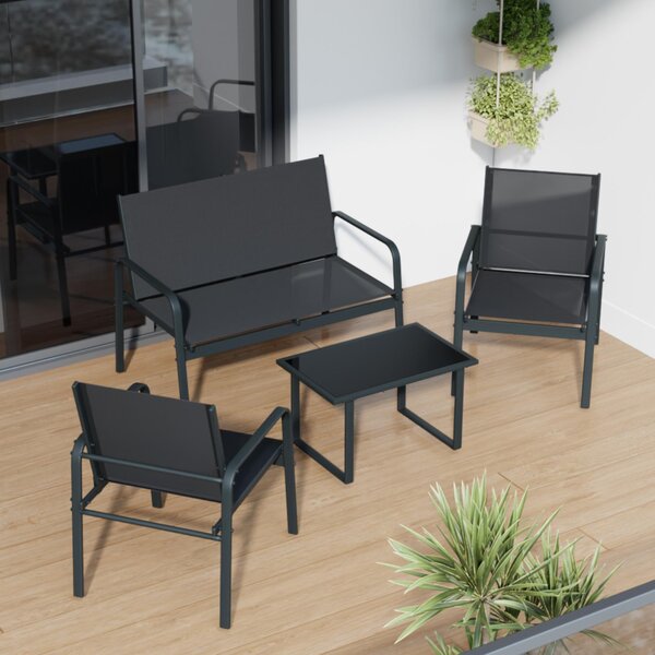 Set di mobili da giardino Mondeer, 4 pezzi, divano con braccioli e tavolo in vetro, resistente alle intemperie, per balcone o terrazza, nero