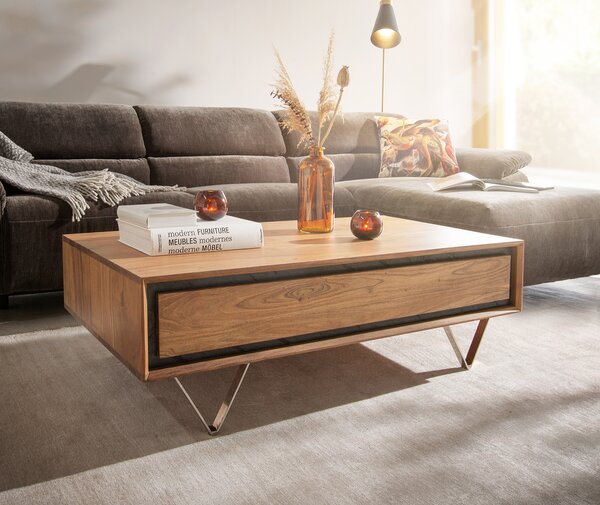 DELIFE Tavolino da divano Stonegrace, 115x60 cm, legno di acacia naturale, 2 cassetti, impiallacciatura effetto pietra
