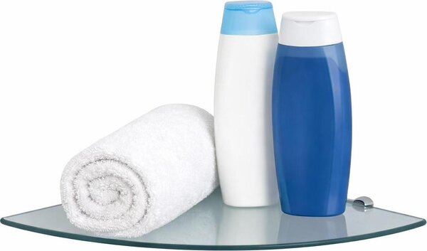 Scaffale angolare da parete in vetro da 6 mm – scaffale angolare arrotondato per bagno e doccia, scaffale in vetro ESG, ripiano in vetro con supporto a parete, ripiano angolare in vetro trasparente 45x45 cm