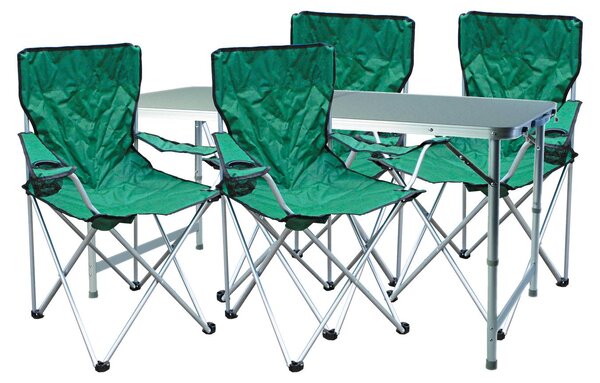 Set di mobili da campeggio da 5 pezzi, verde: 4 sedie con borsa inclusa + 1 tavolo XXL