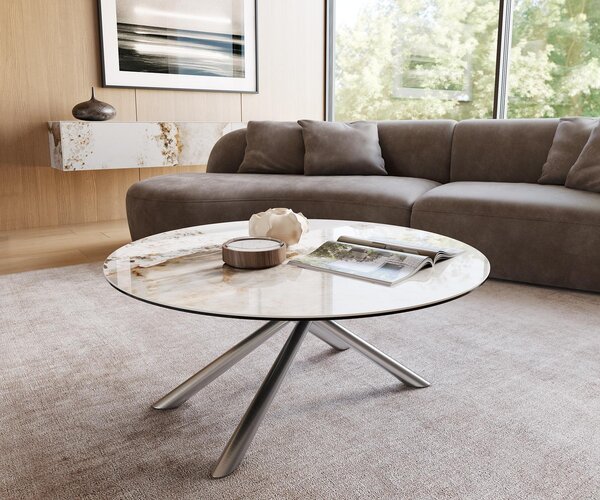 Tavolino DELIFE Edge, forma rotonda, 100x100 cm, piano in Vetroceramica Minas Melange, struttura in acciaio inossidabile spazzolato Sarity