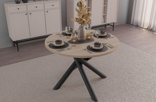 Tavolo rotondo Oslo, design moderno, diametro 110 cm, ideale per soggiorno o sala da pranzo. Disponibile nelle seguenti finiture: Wisconsin (noce), Artisan (rovere), Lindberg (rovere), Portland (frassino nero)