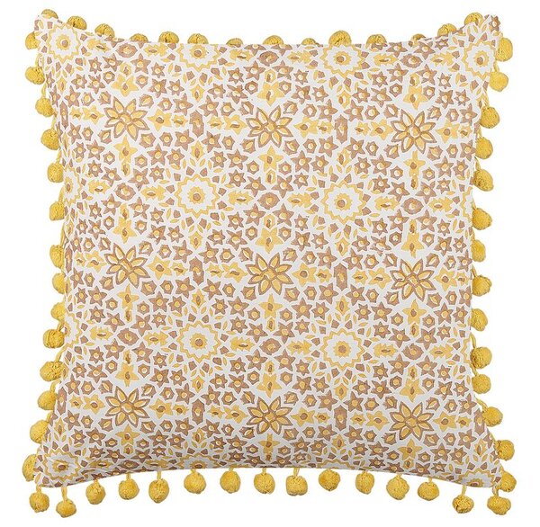 Cuscino decorativo giallo cotone 45 x 45 cm motivo geometrico stampa blocchi con poma poma stile boho accessori Beliani