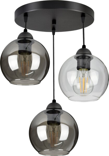 Lampada a sospensione con 3 paralumi in vetro nero e trasparente, 3x E27