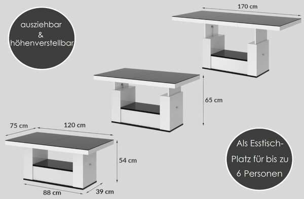 Tavolino di design HM-111, lucido, con cassetto, regolabile in altezza, estraibile, tavolo da pranzo