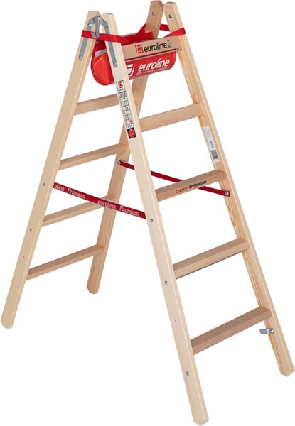 Scala a pioli in legno Euroline con pioli larghi Comfort, gancio per secchi e tasca porta attrezzi, 2x5 pioli