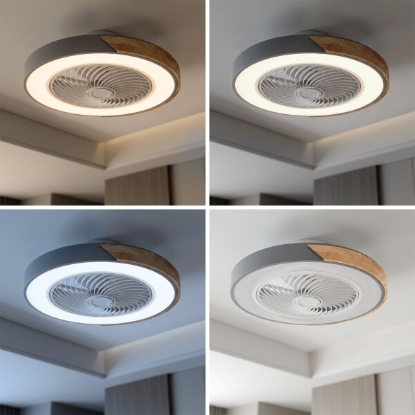 Brilagi - Plafoniera dimmerabile a LED con ventilatore, 38W/230V, 50 cm, grigio/rovere + telecomando