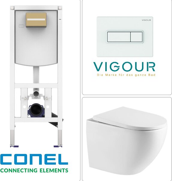 WC sospeso con risciacquo Tornado, sedile WC SoftClose ed elemento pre-murale CONEL WC con piastra di risciacquo VIGOUR TEES, bianco