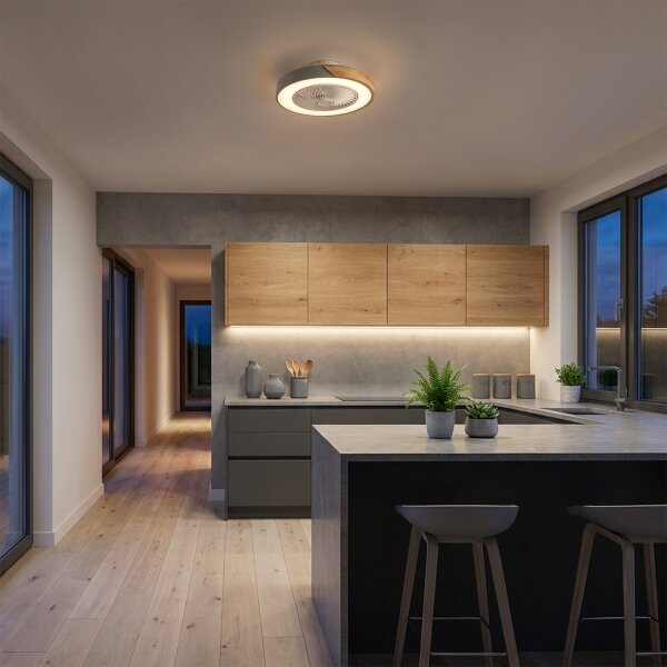 Brilagi - Plafoniera dimmerabile a LED con ventilatore, 38W/230V, 50 cm, grigio/rovere + telecomando