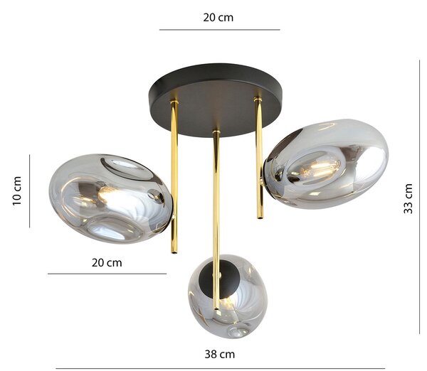 Plafoniera Contemporanea Argo 3 Luci In Acciaio Nero Oro E Diffusori Vetro Fumè