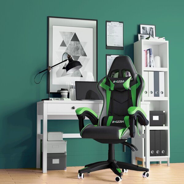 Sedia da ufficio Bigzzia, sedia da gioco, poltrona da gioco, sedia da scrivania, design ergonomico con cuscino, fino a 110 kg, verde