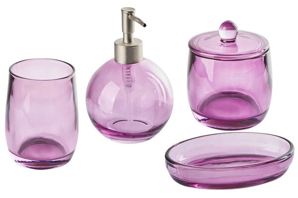 Set di accessori da bagno in 4 pezzi Dispenser di sapone in vetro viola Glam Portasapone Portaspazzolino Tazza Beliani