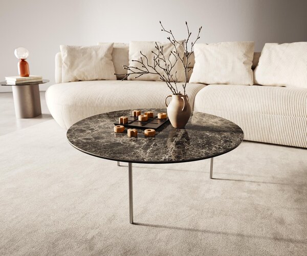 Tavolino DELIFE modello Edge, forma rotonda, 90x90 cm, piano in Vetroceramica Emperador extra lucida, colore marrone scuro, struttura in acciaio inossidabile spazzolato