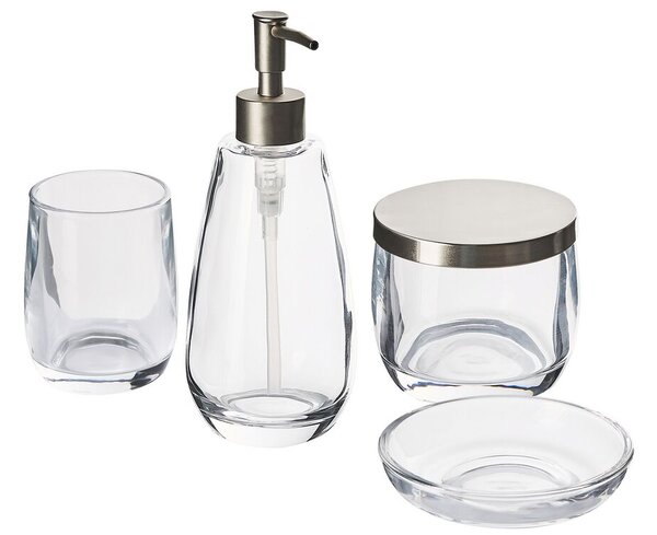 Set di 4 Accessori Bagno in vetro trasparente e argento dispenser sapone porta sapone bicchiere e contenitore Beliani