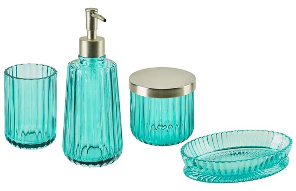 Set di 4 Accessori Bagno in vetro turchese e argento dispenser sapone porta sapone bicchiere e contenitore Beliani