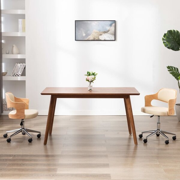 The Living Store Sedia da ufficio girevole in legno curvato e Pelle finta color crema