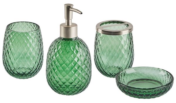 Set di 4 Accessori Bagno in vetro verde e argento dispenser sapone porta sapone bicchiere e contenitore Beliani