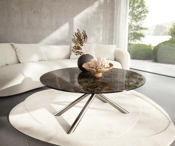 Tavolino DELIFE modello Edge, forma rotonda, dimensioni 100x100 cm, piano in Vetroceramica Emperador extra lucida, colore marrone scuro, struttura in acciaio inossidabile spazzolato
